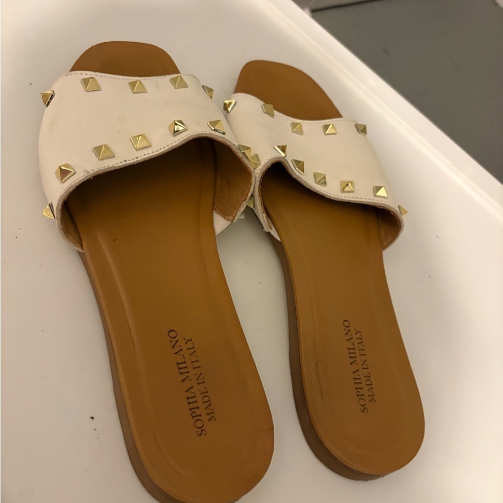 Sophia Milano White Sandals with Gold Studs - Picture 2 of 3